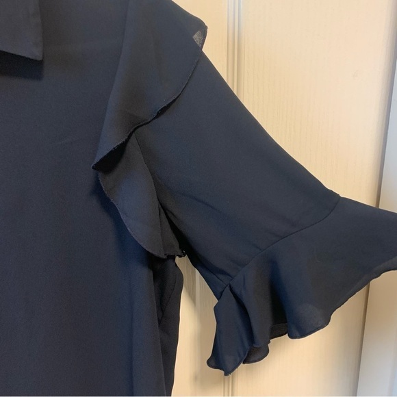 TAHARI Navy Ruffle Trim Button Front 100% Polyester Blouse - Picture 4 of 6